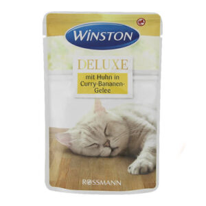 پوچ گربه وینستون با طعم مرغ در ژله موز و کاری Winston Deluxe Chicken in Curry & Banana Jelly وزن 85 گرم