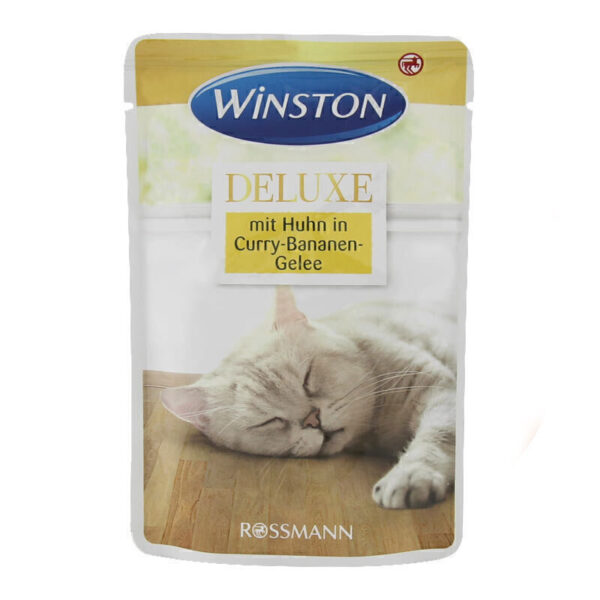 پوچ گربه وینستون با طعم مرغ در ژله موز و کاری Winston Deluxe Chicken in Curry & Banana Jelly وزن 85 گرم